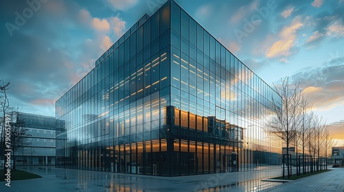 Five story building with glass facade sky reflection. Generative AI.