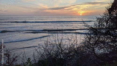 Southern California beaches  sunsets  surfers  tide pools and palms trees at Swamis Reef Surf Park and Cardiff Beach in Encinitas California.