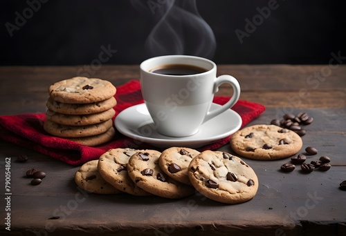 Generative AI illustration of coffe   on a rustic wooden table with a checkered cloth and broken chunks of cookies nearby 