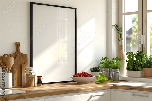 Serene and Bright Kitchen with Blank Photo Frame Hanging Over Wooden Counter