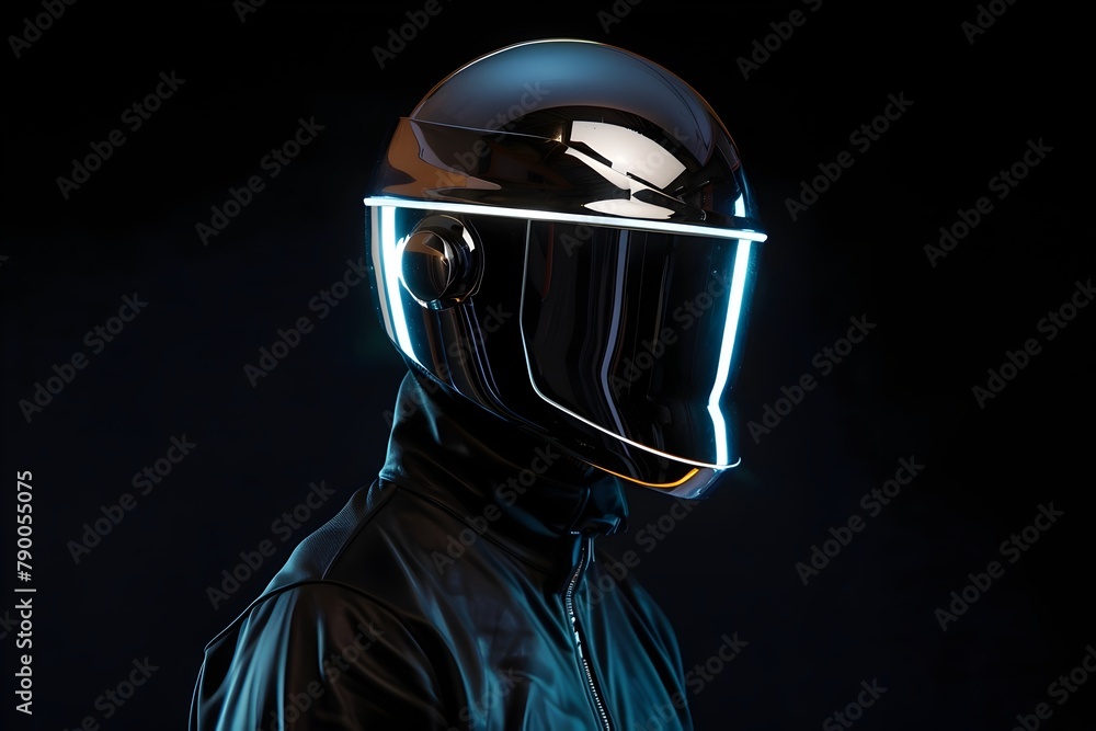 Frontal Profile Portrait of Man Wearing Extreme Minimal Futuristic Shiny Neon Metal Helmet with Wide Brim Covering Eyes Against Solid Black Background