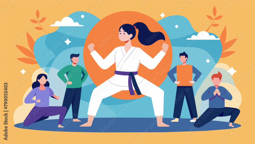 A photo of a person practicing martial arts in a group setting accompanied by a description of how the social aspect of classes can combat A photo of a person practicing martial arts in a group setting accompanied by a description of how the social aspect of classes can combat