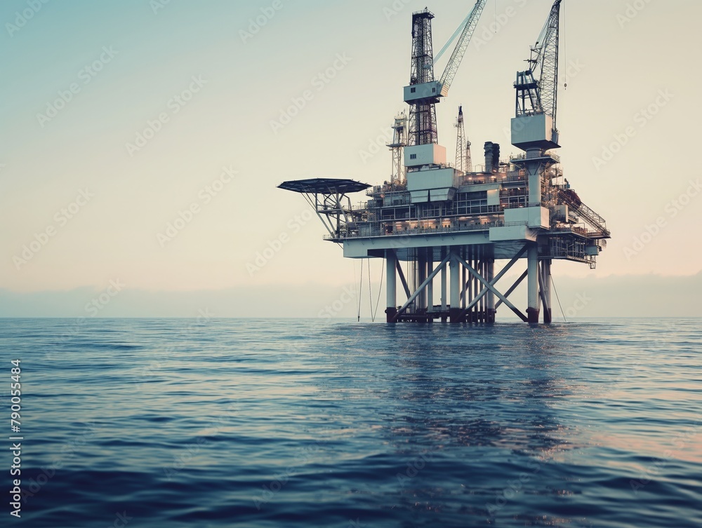 A serene early morning view of an offshore drilling platform surrounded by calm sea waters.