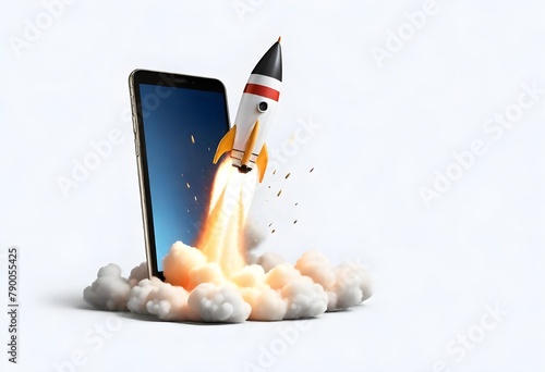A white rocket launching from a smartphone device, with smoke and flames billowing out as it takes off into the sky