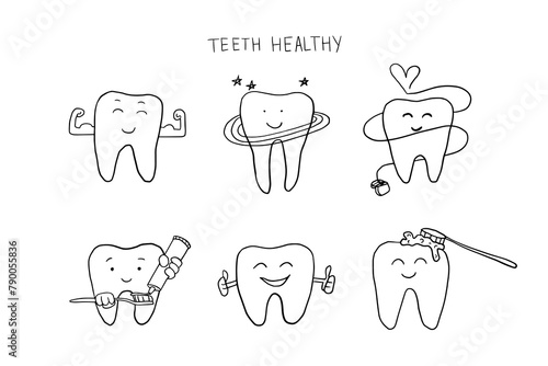 Set of oral hygiene theme elements in doodle style. Stomatology, toothpaste, dental floss, dental care, teeth health, toothbrush, braces. Healthcare and medicine. Vector illustrations