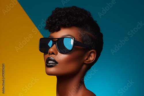  A beautiful black woman with short hair, wearing high-end sunglasses and bold lipstick stands against an abstract blue and yellow background.