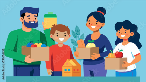 A family picking out items from a selection of donated goods at a food bank grateful for the support during tough times.
