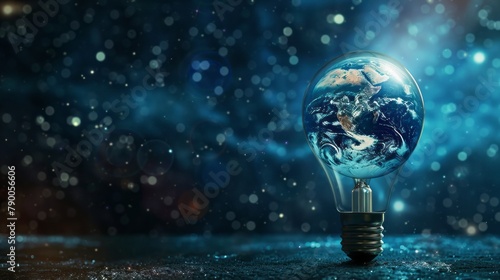 Fototapeta Naklejka Na Ścianę i Meble -  Earth hour, ecology and environment concept. Blue planet Earth in space in a glowing light bulb on represents Earth Day. copy space
