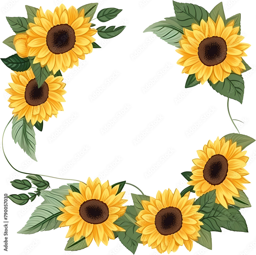 A square frame of sunflowers with green leaves on a transparent background. A square frame of sunflowers with green leaves on a transparent background.