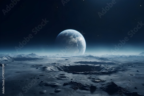 Earth appearing on the moon  cinematic gravity-free scenes  dark blue and gray  traditional animation  neo-academism wallpaper banner space 