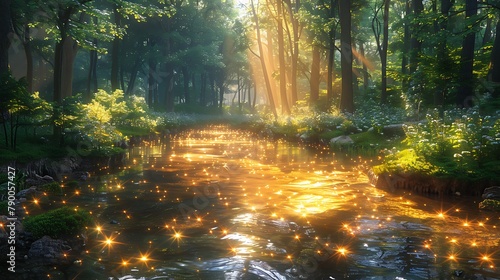 Experience the serenity of a tranquil forest stream  where sunlight filters through the canopy above  dappling the water s surface with golden hues and dancing shadows.