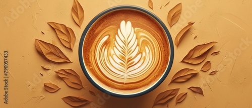 A classic latte art rosetta with a pop of color, a single vibrant red or blue leaf at its center , 3D style photo