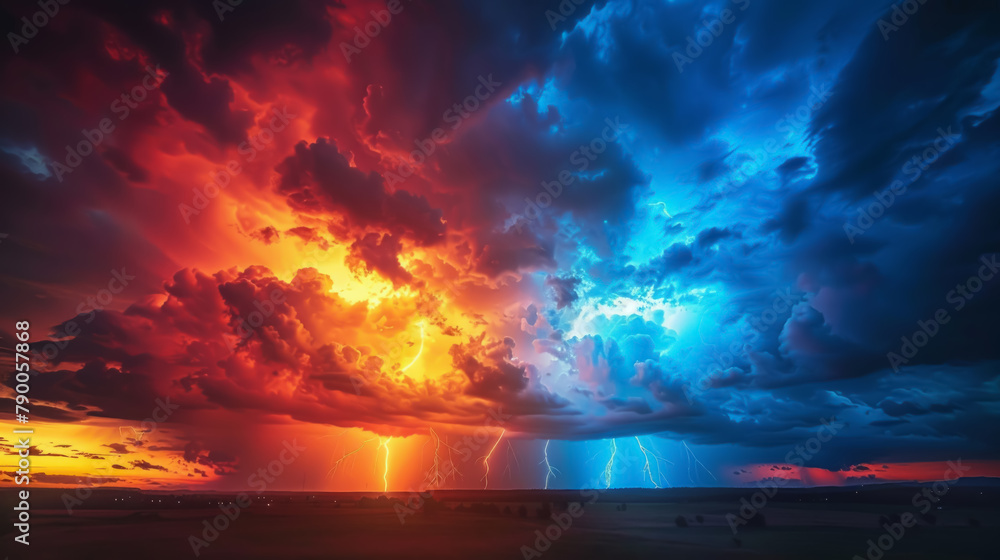 Dramatic stormy sky with a striking contrast of fiery sunset and electric blue clouds with lightning