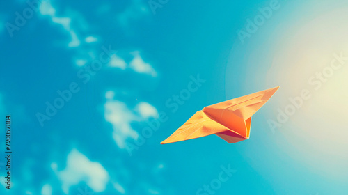 Conceptual style, paper airplane, blue sky, close-up composition, outdoor lighting, copy space on the right