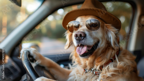 Golden retriever wearing sunglasses and hat, humorously imitating a car driver, embodying fun and joy