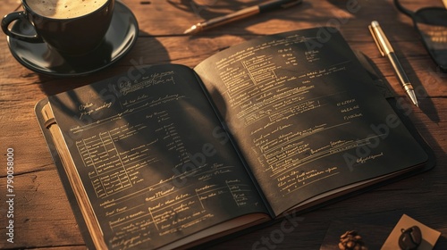 A coffee roasters notebook open to a page filled with handwritten notes, tasting profiles, and origin details , 3D style