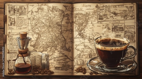 A coffee roasters notebook open to a page filled with handwritten notes, tasting profiles, and origin details , 3D style