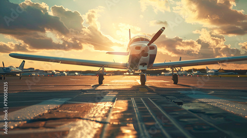 Education style, flight school, airplanes, wide composition, daylight, copy space on the right