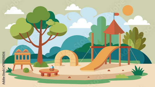 An ecofriendly playground built with sustainable materials and natural elements creating a natural and interactive play space for children.