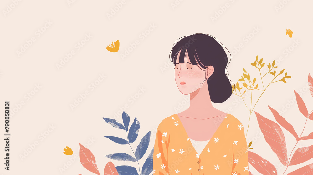 Contemplative Woman with Nature's Touch: Serenity and Mindfulness Illustration Contemplative Woman with Nature's Touch: Serenity and Mindfulness Illustration