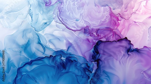 Blue and purple alcohol ink in milk background, Texture of liquid paints. Spreading paint out wallpaper. For banner, postcard, book illustration, card
