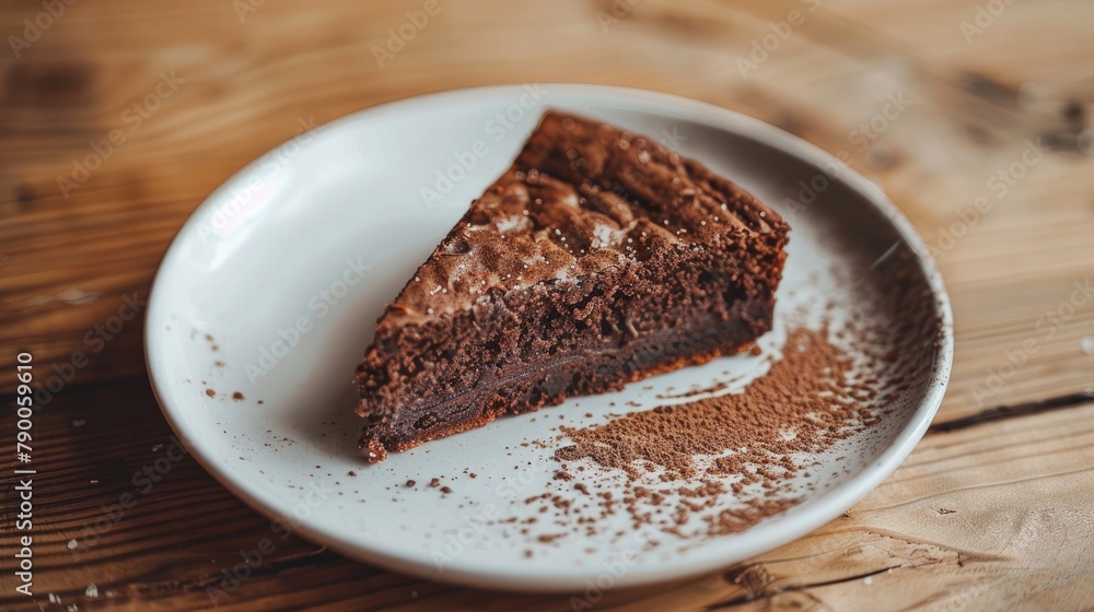 Unhealthy consumption of a homemade chocolate cake or brownie placed on a wooden table Unhealthy consumption of a homemade chocolate cake or brownie placed on a wooden table