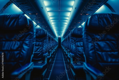 Interior of an airplane with rows of seats and a soft blue light in the background photo