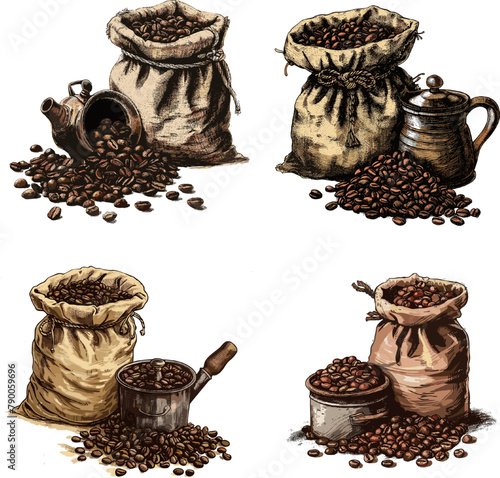 Color engraving raster Illustration set of Coffe beans in full bag isolated on white background