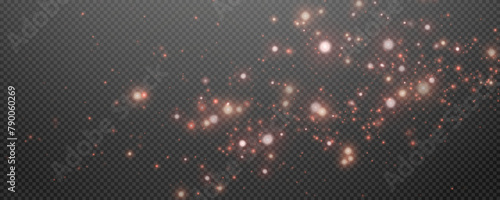 Christmas glowing bokeh confetti light and glitter texture overlay for your design. Festive sparkling red dust png. Holiday powder dust for cards, invitations, banners, advertising.