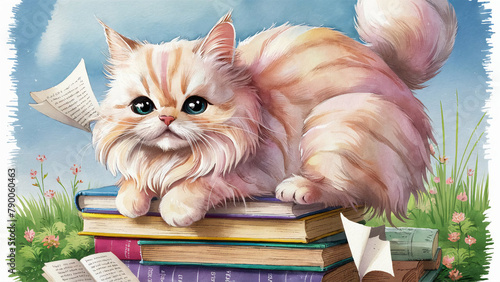 cat with book, water color, kitty