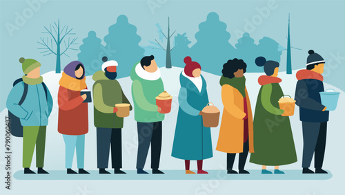 A line of people patiently waiting to receive blankets and jackets at a Winter Warmth Drive event held in a local park.