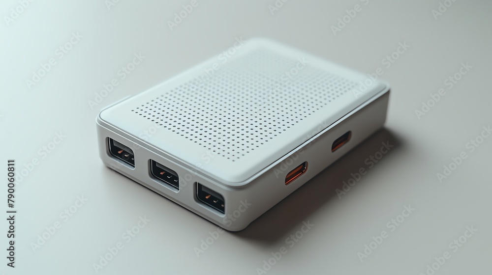 Compact portable charger centered on a soft white background, detailing the textured surface and charging ports Compact portable charger centered on a soft white background, detailing the textured surface and charging ports