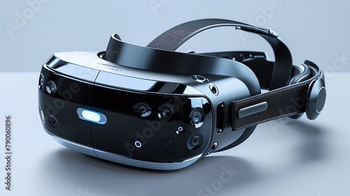 High-tech virtual reality headset displayed prominently against a light gray background, illustrating its sleek contours and buttons.