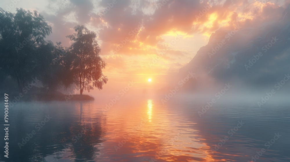 Misty sunrise over serene lake with lush trees and fiery clouds, reflecting in the water. Created with Generative AI.