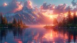 Majestic sunset over a tranquil mountain lake with lush forests and vibrant skies. Created with Generative AI.