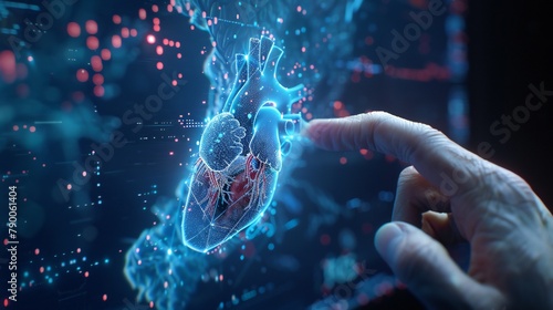 Holographic heart aids businessman in understanding the complexities of cardiovascular health photo