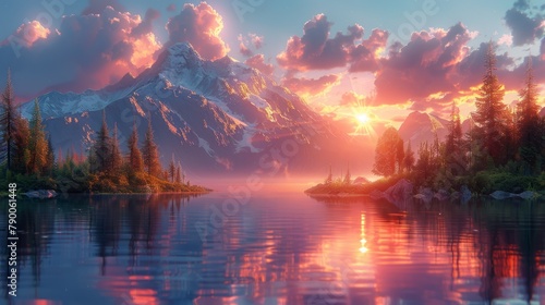 Majestic sunset over a tranquil mountain lake with lush forests and vibrant skies. Created with Generative AI. © RealizeXL