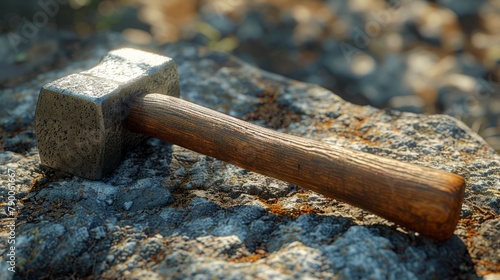 Close-up of a sledgehammer with a wooden handle resting on a rugged stone surface in sunlight. Created with Generative AI. photo