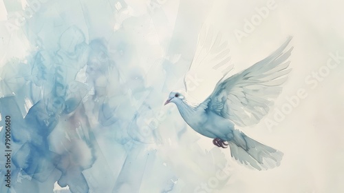 Watercolor painting of a flying pigeon. It is designated as a symbol of World Peace Day. Use for wallpaper, posters, postcards, brochures.