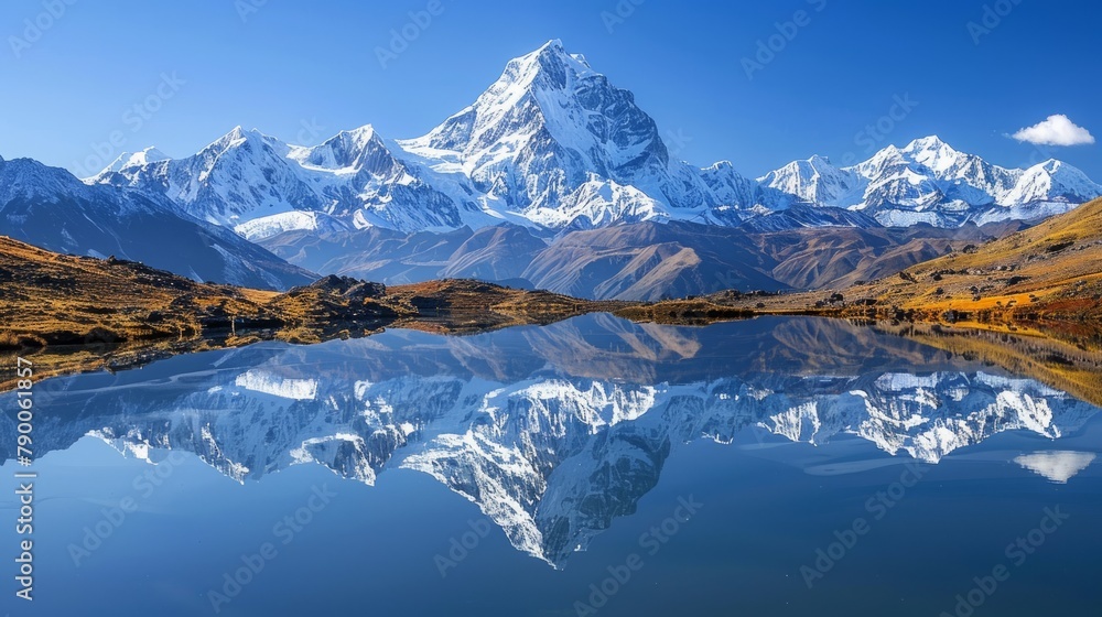Majestic snowy mountains reflected in a tranquil high-altitude lake under a clear blue sky. Created with Generative AI.