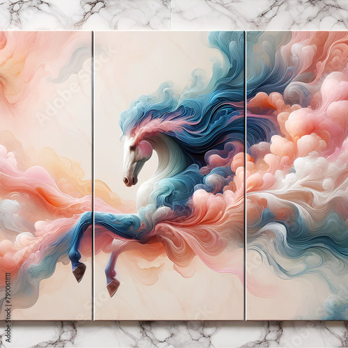 Panel wall art, home decoration with horse and grey smock illustration, wall mockup decor art luxurious marble background, 3D illustration - Generative AI photo