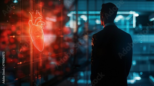 Male silhouette in a business suit analyzes heart health using state-of-the-art AI advancements