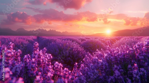 Lavender field at sunset with vibrant skies and sun dipping below the mountains. Created with Generative AI.