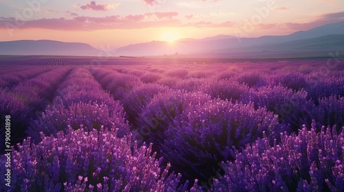 Sunset hues blanket a serene lavender field with mountain backdrop and glowing sky. Created with Generative AI. © RealizeXL