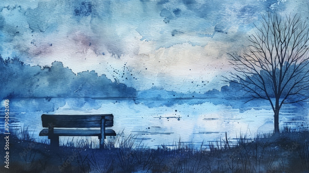 Watercolor painting of a lakeside bench at night. The night scenery is quiet and beautiful. Use for wallpaper, posters, postcards, brochures.