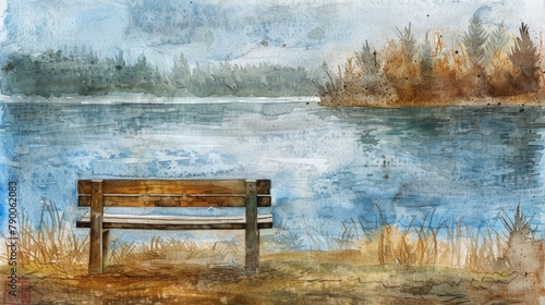Watercolor painting of a lakeside bench in the morning. The air is fresh and clear. Use for wallpaper, posters, postcards, brochures.