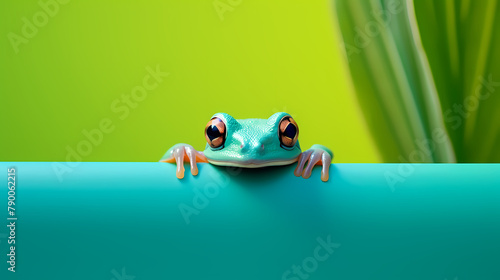 A cute green tree frog peeks out from the edge of a solid color background