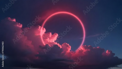 A large red glowing ring in the sky surrounded by dramatic pink and purple clouds against a dark blue sky © aicha