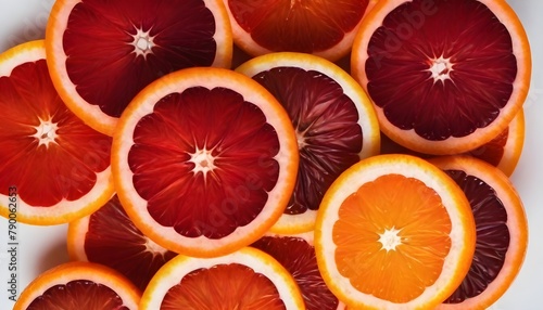 Sliced blood oranges and regular oranges, with vibrant red and orange colors, arranged in a close-up view