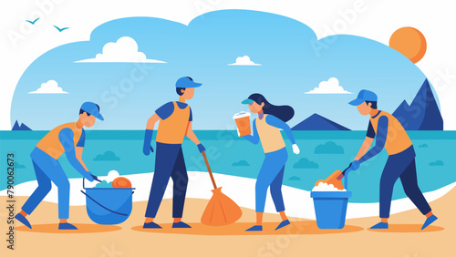 A group of martial artists organizing a beach cleanup as part of their postevent activities.